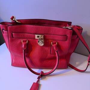 Michael Kors Red Satchel Structured Leather Gold Accents